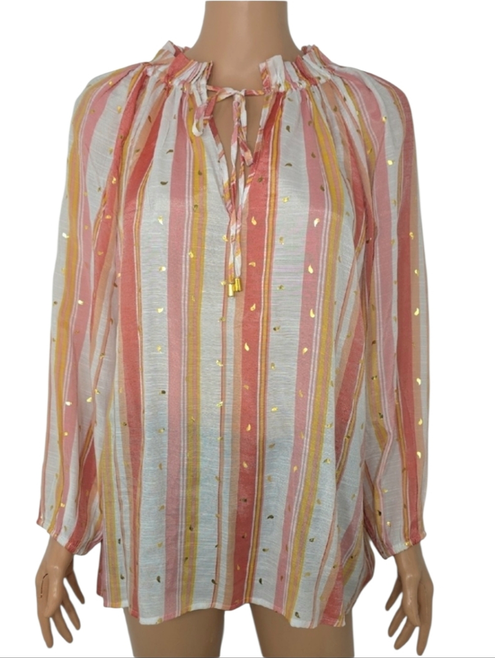 Harve Benard Striped Pink & Gold Tie-Neck Peasant Blouse Size XL‎